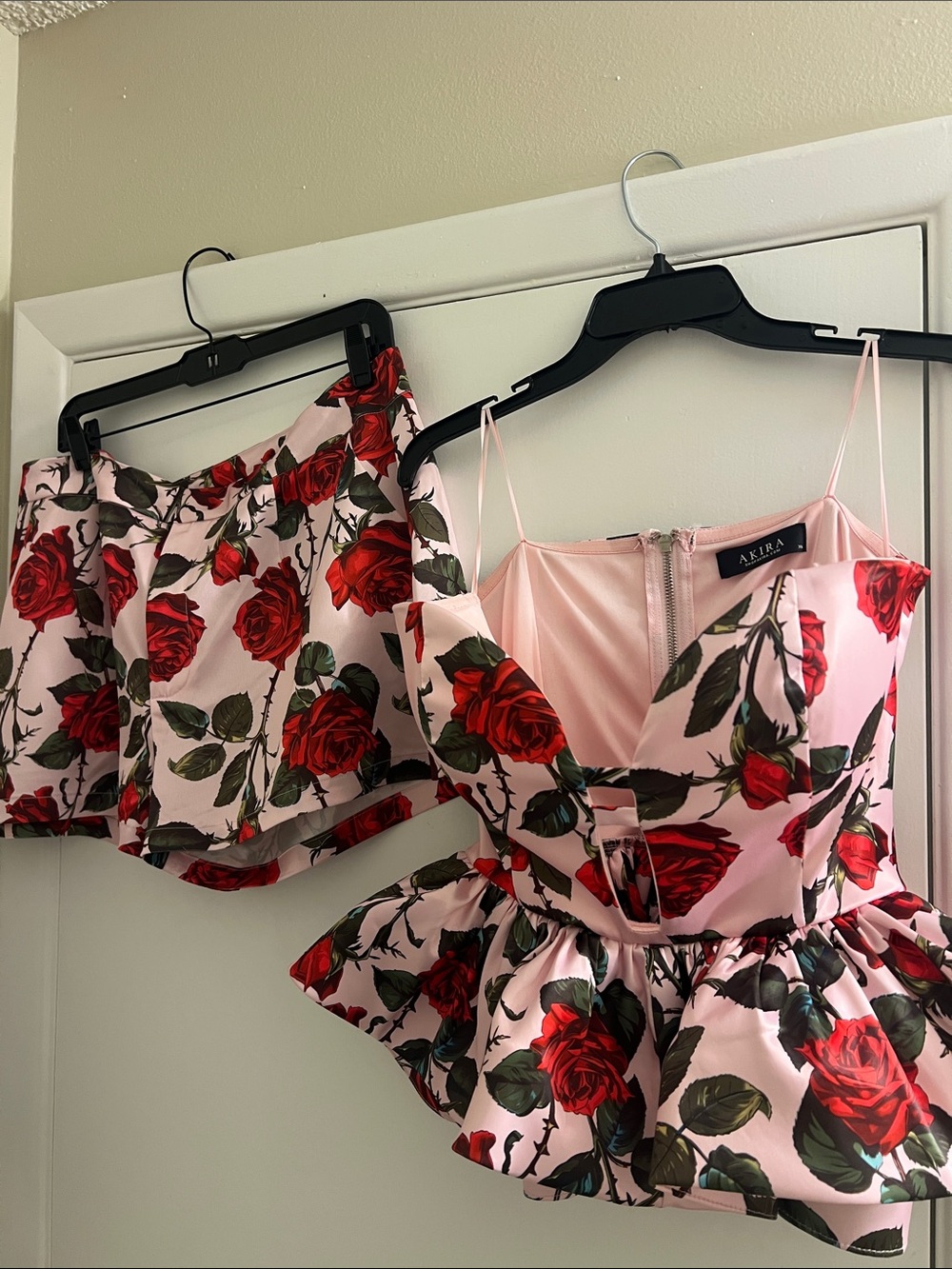 AKIRA Pink and Red Rose Print Peplum Bustier with Matching Skirt